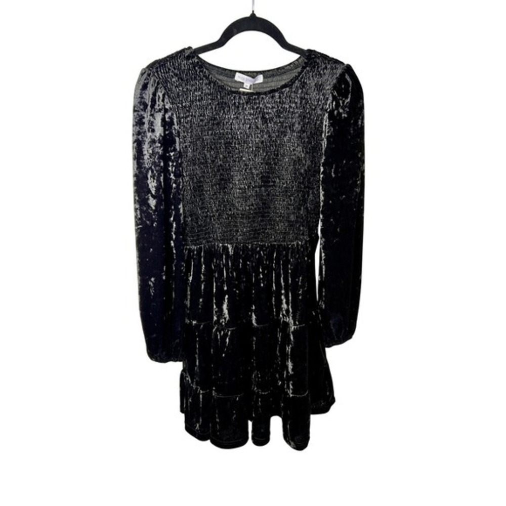 NWT Miss‎ Sparkling Black Velvet Smocked Tiered Long Sleeve Dress M